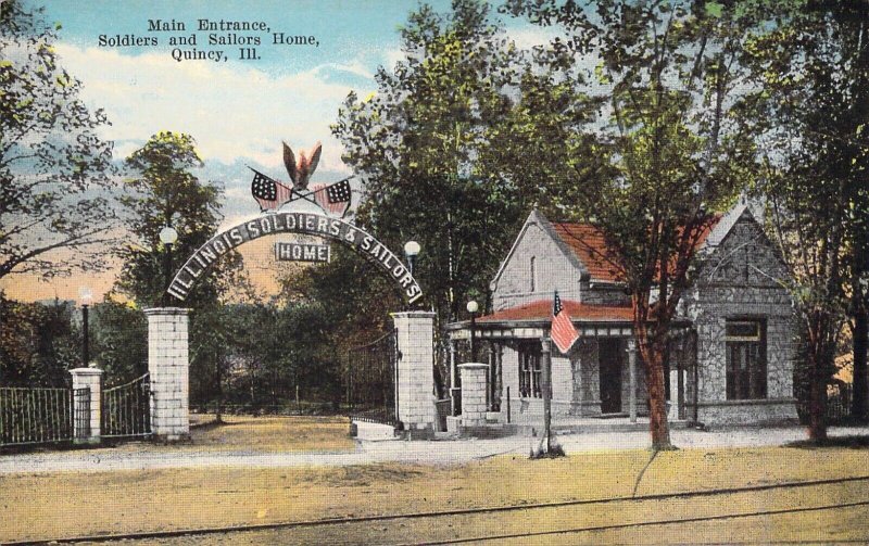 c.'07,  Main Entrance, Soldiers and Sailors Home,Flag, Quincy, IL, Old Post Card