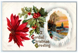 1911 Christmas Greetings Pointessia Flowers Winter Snow Embossed Postcard