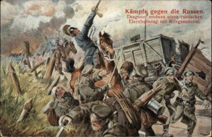 Military Battle Action Scene Russia & GermanyAttacking Train c1910 Postcard
