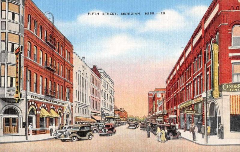 Meridian Mississippi Fifth Street Scene Store Fronts Antique Postcard K36450