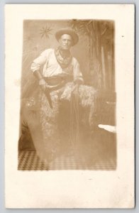 Sexy Cowboy in Wooly Chaps and Kerchief with Pistol Studio RPPC Postcard L35