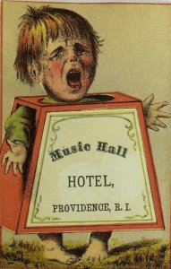 1870's-80's Victorian Card Music Hall Hotel Crying Child In Box-Sign P104 