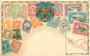 Vintage Embossed Postcard Nr. 94; Stamps of Mexico w/Map, Unposted