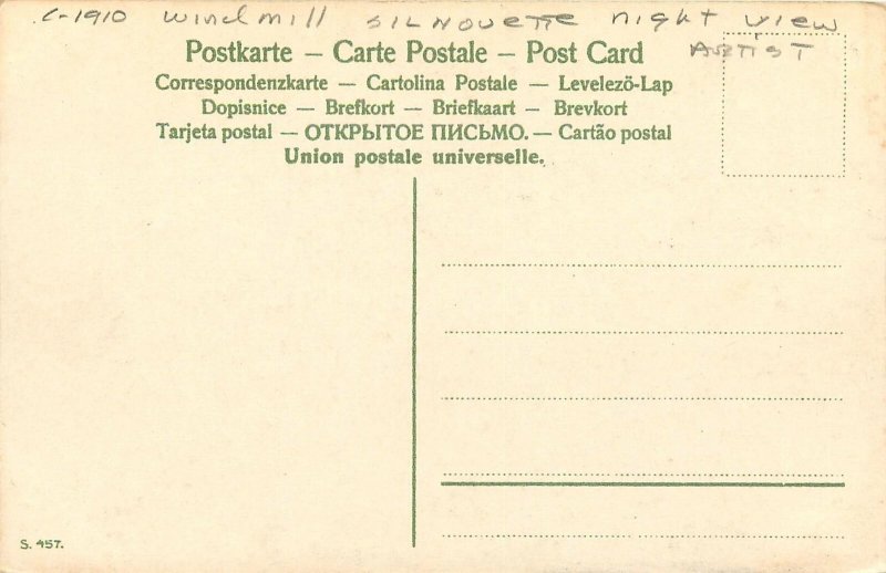 c1910 Windmill Silhouette Night View people Postcard 25-10407