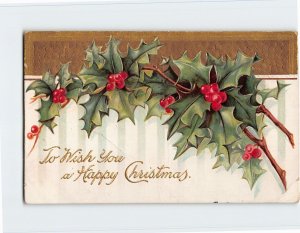 Postcard To Wish You a Happy Christmas with Hollies Embossed Art Print