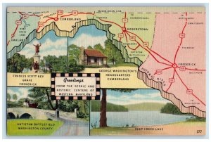 c1950 Greetings From The Scenic Historic Centers Of Western Maryland Postcard