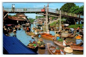 BANGKOK, Thailand ~ FLOATING MARKET ~ Bridge & Boats  c1960s  Postcard