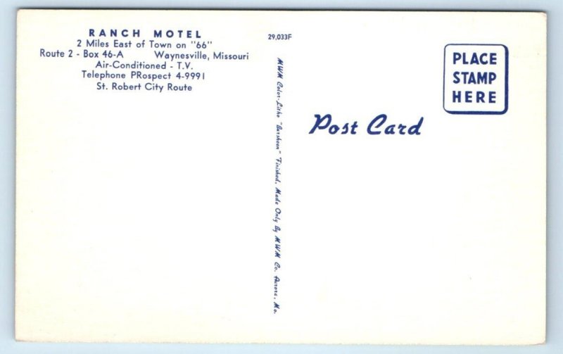 WAYNESVILLE, MO Missouri Route 66 ~ RANCH MOTEL ~ c1950s Roadside Postcard