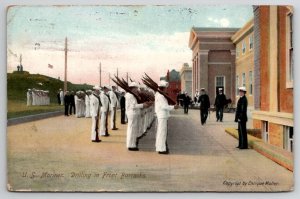 US Marines Drilling in Front Barracks 1909 Chicago to Portsmouth Va Postcard J30