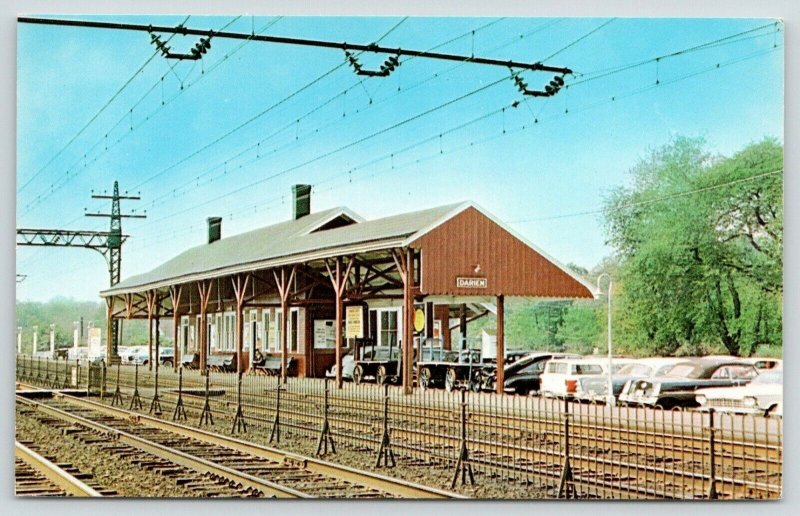 Darien Connecticut~NY NH & H Commuter Railroad Train Station~1950s Cars~Postcard 