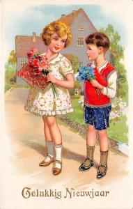 BG20182 boy and girl with flower   new year neujahr  germany