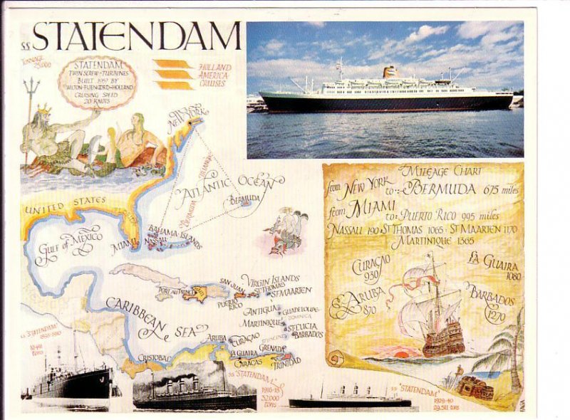 OVERSIZE Cruise Ship SS Statendam, Pictorial Map of Caribbean, 6 X 8 in