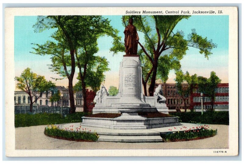 1948 Soldiers Monument Central Park Sculpture Jacksonville Illinois IL Postcard