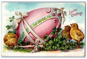 1909 Easter Greetings Giant Egg Chicks Shamrock Embossed Posted Antique Postcard 