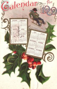 Vintage Postcard 1908 Calendar For 1909 Ice Skating Green Leaves Souvenir Card