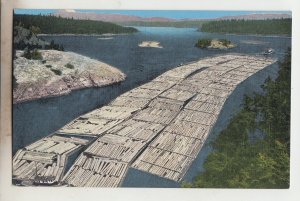 P3135 old loggin postcard big log raft tugboat through deception pass washington