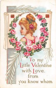 VALENTINE'S DAY Love Holiday Postcard 1911 YOU KNOW WHOM Girl Flowers 360