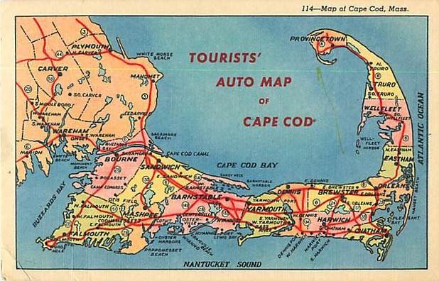 Linen of Tourists' Auto Map Card of Cape Cod 1960