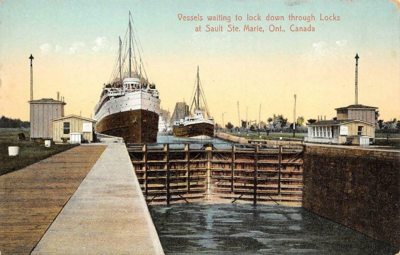 Vessels, Locks at Sault Ste. Marie, Ontario Steamships c1910s Vintage Postcard