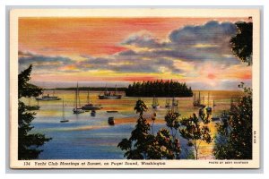 Yacht Club Moorings at Sunset Puget Sound Washington WA UNP Linen Postcard H30