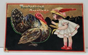 Thanksgiving Greetings Lovely Gild Feeding the Turkey Gold Gild Postcard B11