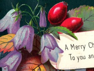 1870s-80s Victorian Christmas Card Purple Bell Flowers Red Berries P232