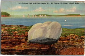 Balance Rock and Frenchman's Bay, Bar Harbor ME Vintage Linen Postcard D12