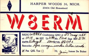 VINTAGE POSTCARD HAM RADIO CALLING CARD VW8ERM HARPER WOODS MICHIGAN 1955