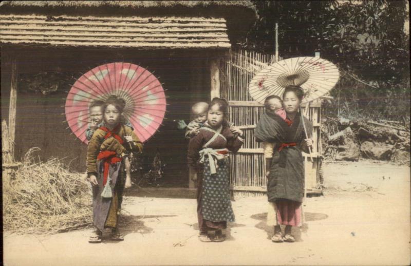 Young Japanese Girls Women w/ Daughters or Siblings on Back Hand Colored PC