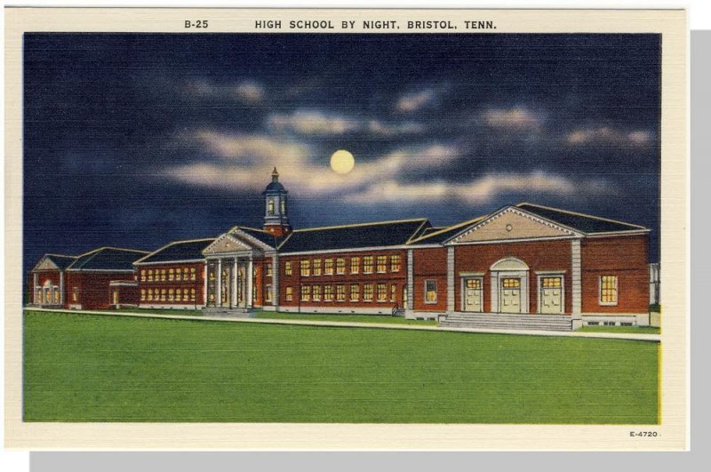 Bristol, Tennessee/TN Postcard, High School by Night, Near Mint!