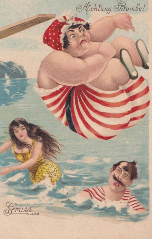 Fat Overweight Lady Diving Bomb Into Sea Antique German Comic Humour Postcard