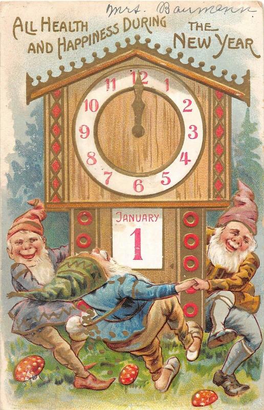 New Year greetings elves dancing around clock with calendar antique pc (Y2260)