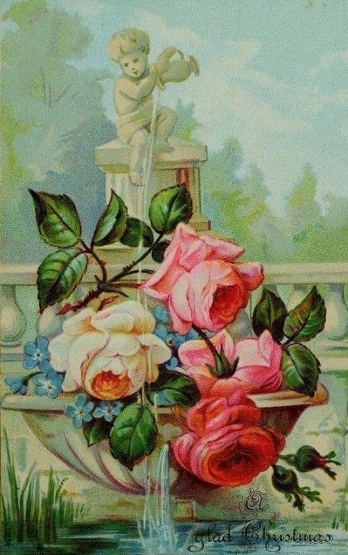 Embossed Victorian Christmas Trade Card Cherub Water Fountain Urn Roses *C 