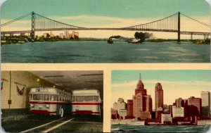 VINTAGE POSTCARD AMBASSADOR BRIDGE TUNNEL BUSES AND DETROIT SKYLINE EARLY CHROME