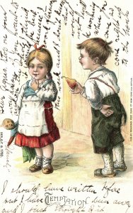 Vintage Postcard 1905 Little Boy Give Pear to Cute Little Girl Temptation Comics