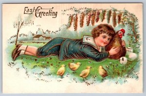 Easter Greeting, Young Boy With Hen And Chicks, Antique 1908 Embossed Postcard