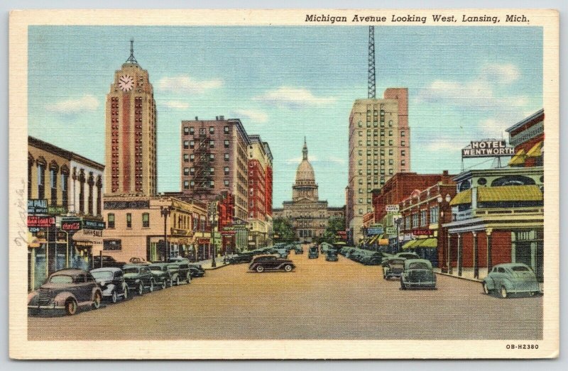 Lansing MI~Michigan Avenue~Hotel Wentworth~Clock Tower~Bargain Sale~1940 Linen 