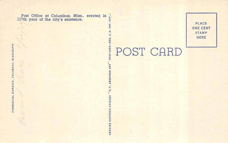 COLUMBUS, MS Mississippi POST OFFICE Lowndes Co  c1940's Curteich Linen Postcard
