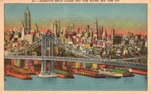 1938 Manhattan Bridge Against New York Skyline New York City Vintage Postcard