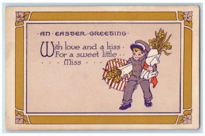 1916 Easter Greeting Boy Flowers Bouquet Elgin Illinois IL Arts Crafts Postcard