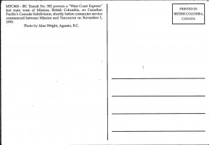 Photo Postcard 1995 BC Transit West Coast Express Commuter Train Mission BC