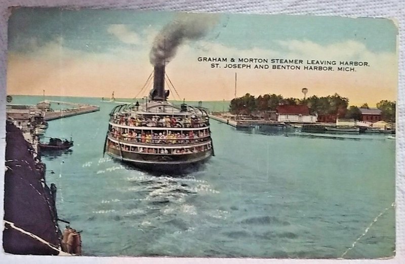 Boat Ship Steamship Benton Harbor Michigan SS Graham & Morton Steamer Postcard