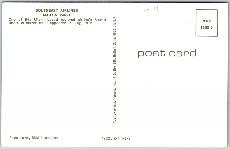 Airplane Southeast Airlines Martin 2-0-2A Miami Based Regional Airline Postcard