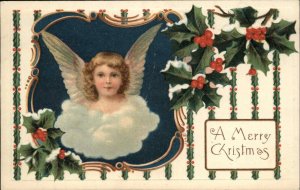Christmas   Cherub Holly Gilt Embossed Vintage Postcard