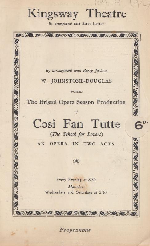 Cosi Van Tutti Bristol Opera Society 1929 Kingsway Theatre Programme