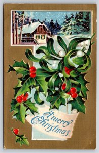 Holiday~Holly Mistletoe Home In Winter Christmas Greeting~Vintage Postcard