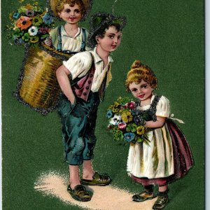 c1910s Cute Children Happy Birthday Mica Glitter Bad Perspective Basket PC A253