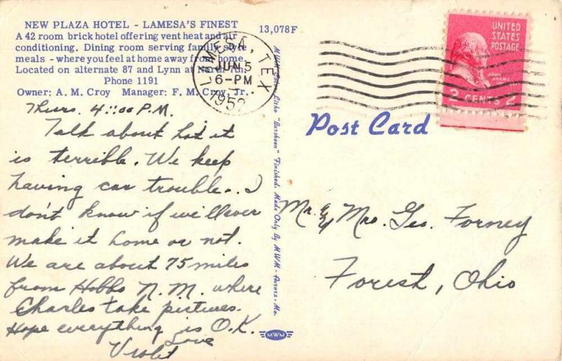 Lamesa Texas New Plaza Hotel Linen Antique Postcard J67093