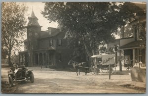 STREET SCENE OLD CAR & ADVERTISING HORSE WAGON ANTIQUE REAL PHOTO POSTCARD RPPC