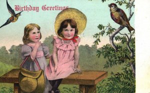 Vintage Postcard 1909 Birthday Greeting Two Sisters and the Bird Resting Park